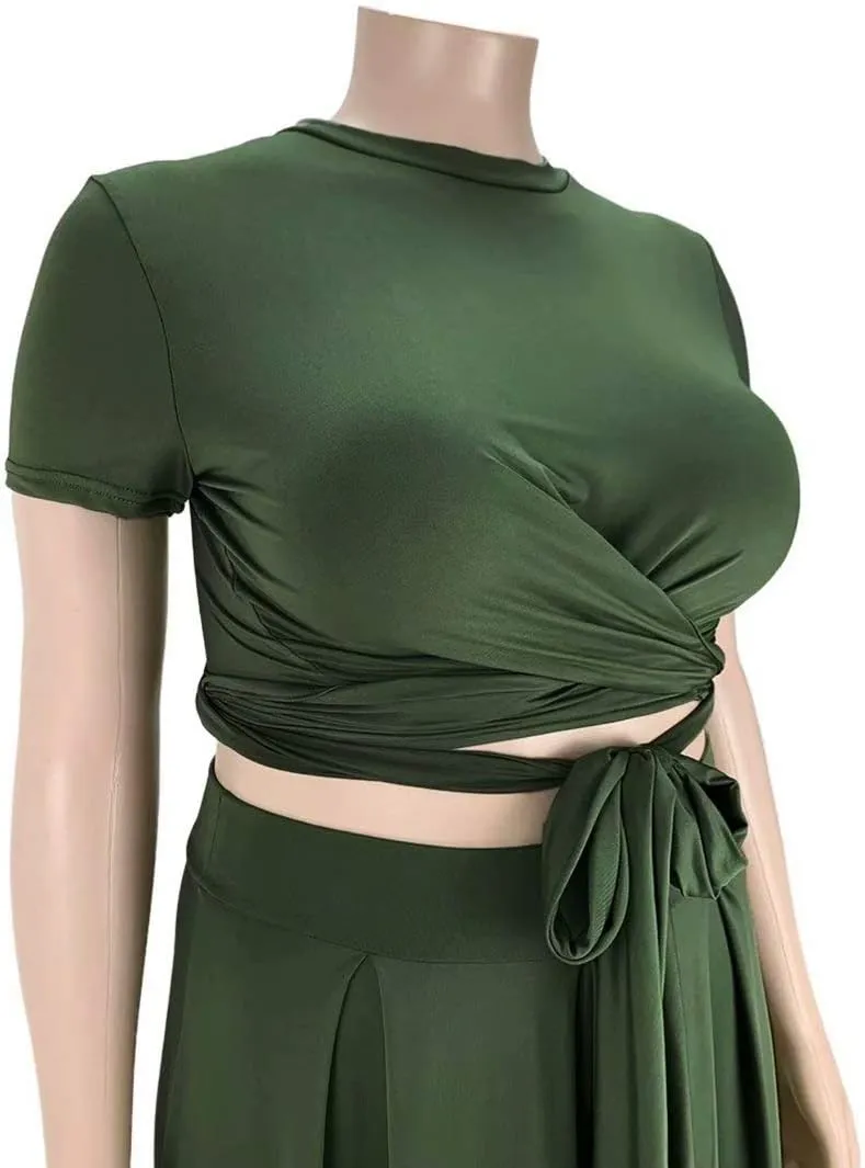 IyMoo Womens Plus Size 2 Piece Dress Outfits Short Sleeve Bandage Wrap Empire Crop Tops and Skirt Sets