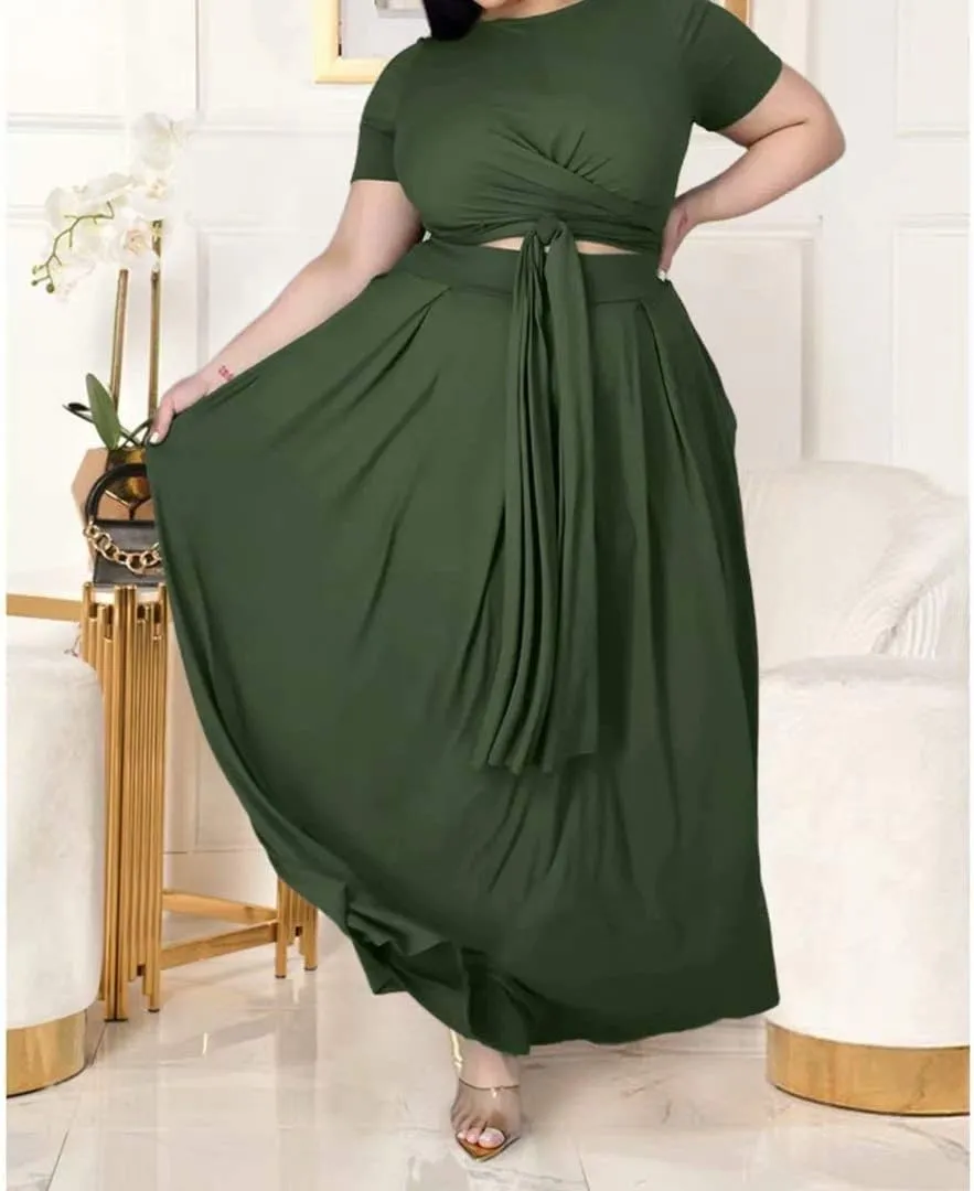 IyMoo Womens Plus Size 2 Piece Dress Outfits Short Sleeve Bandage Wrap Empire Crop Tops and Skirt Sets