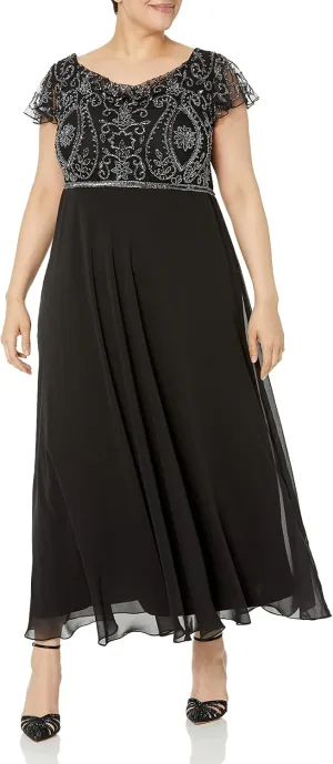 J Kara Women's Back and Front Cowlneck Beaded Short Sleeve Gown