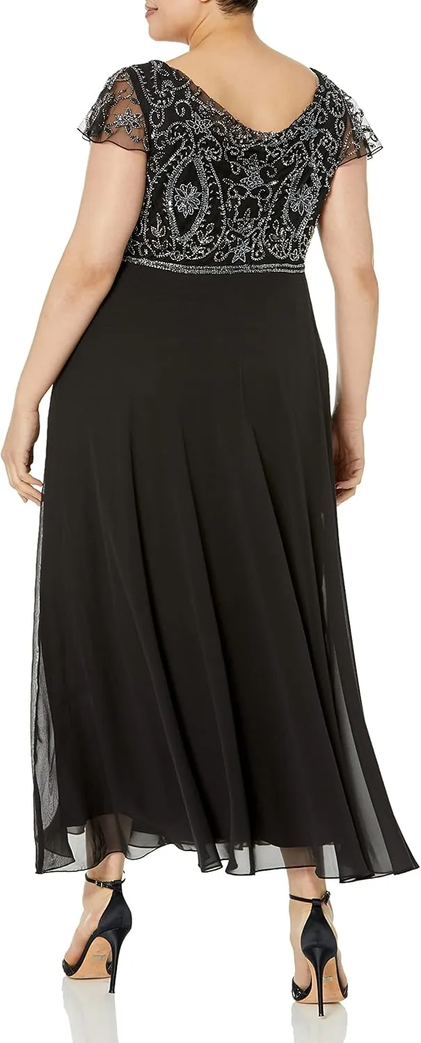 J Kara Women's Back and Front Cowlneck Beaded Short Sleeve Gown
