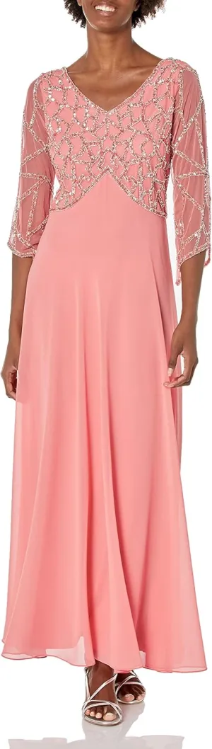 J Kara Women's Plus Size 3/4 Sleeve Geo Beaded Gown