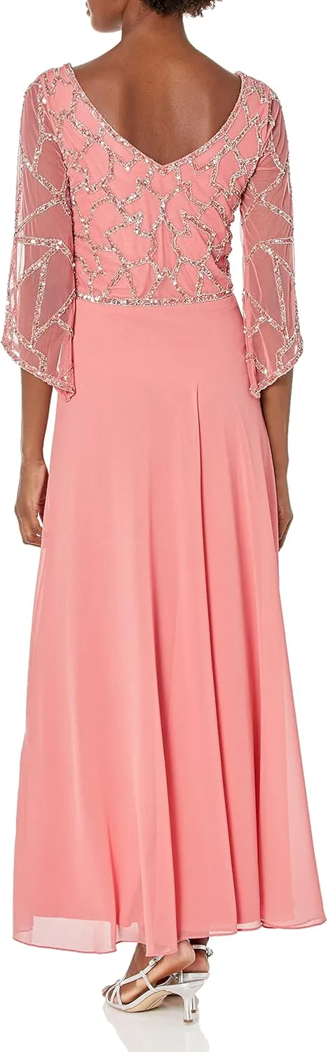 J Kara Women's Plus Size 3/4 Sleeve Geo Beaded Gown