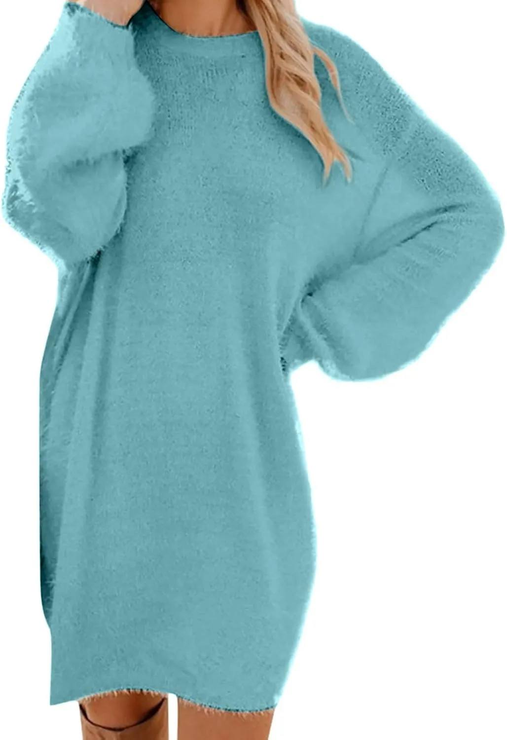 JJHAEVDY Sweater Dresses for Women 2025 Long Sleeve Crewneck Dress Solid Casual Dresses Fall Fuzzy Dresses Winter Loose Dress