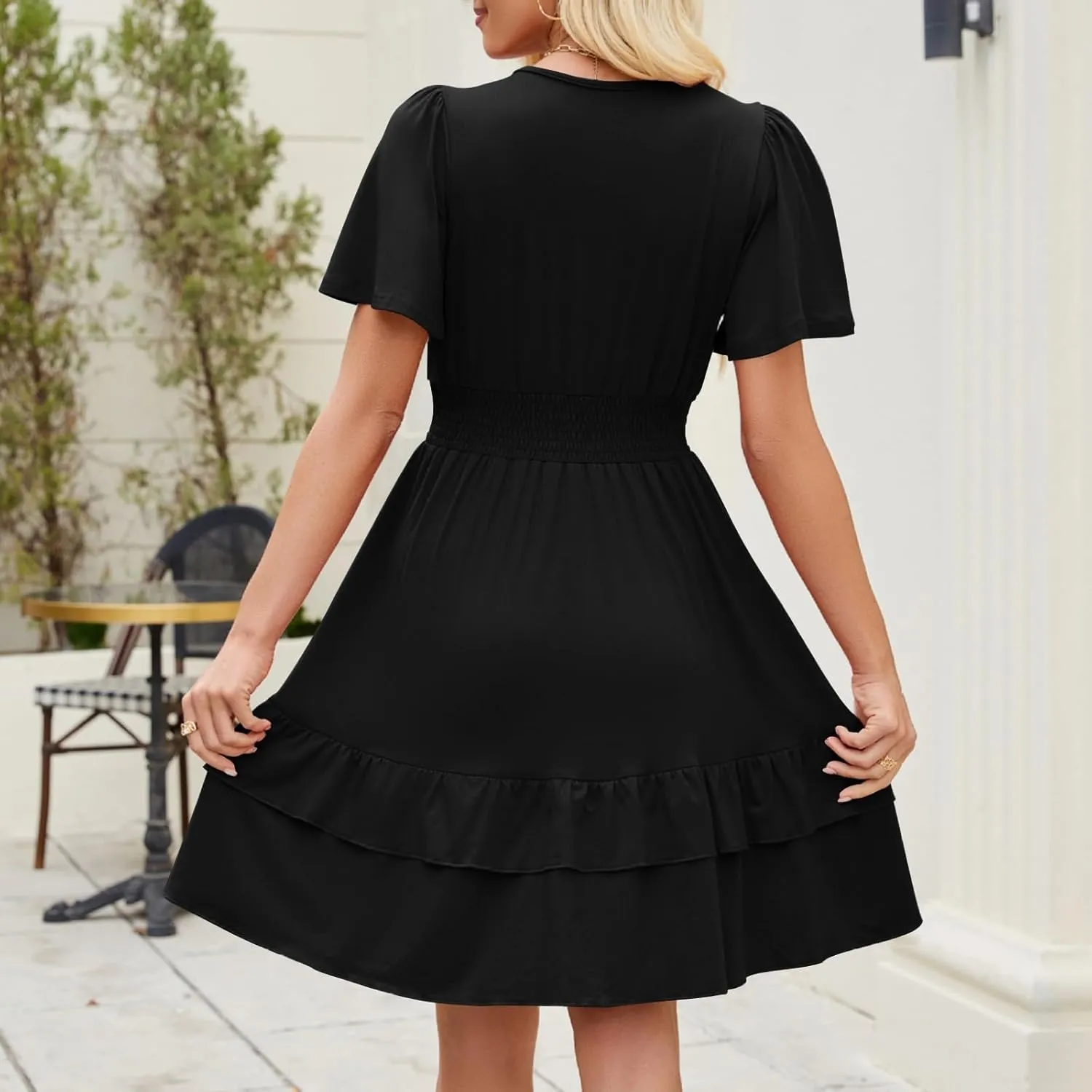 JOAU Women Casual Summer Smocked Empire Waist Dresses Wrap V Neck Short Sleeve A-Line Tiered Ruffle Beach Vacation Mini Dress