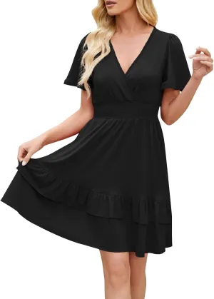 JOAU Women Casual Summer Smocked Empire Waist Dresses Wrap V Neck Short Sleeve A-Line Tiered Ruffle Beach Vacation Mini Dress