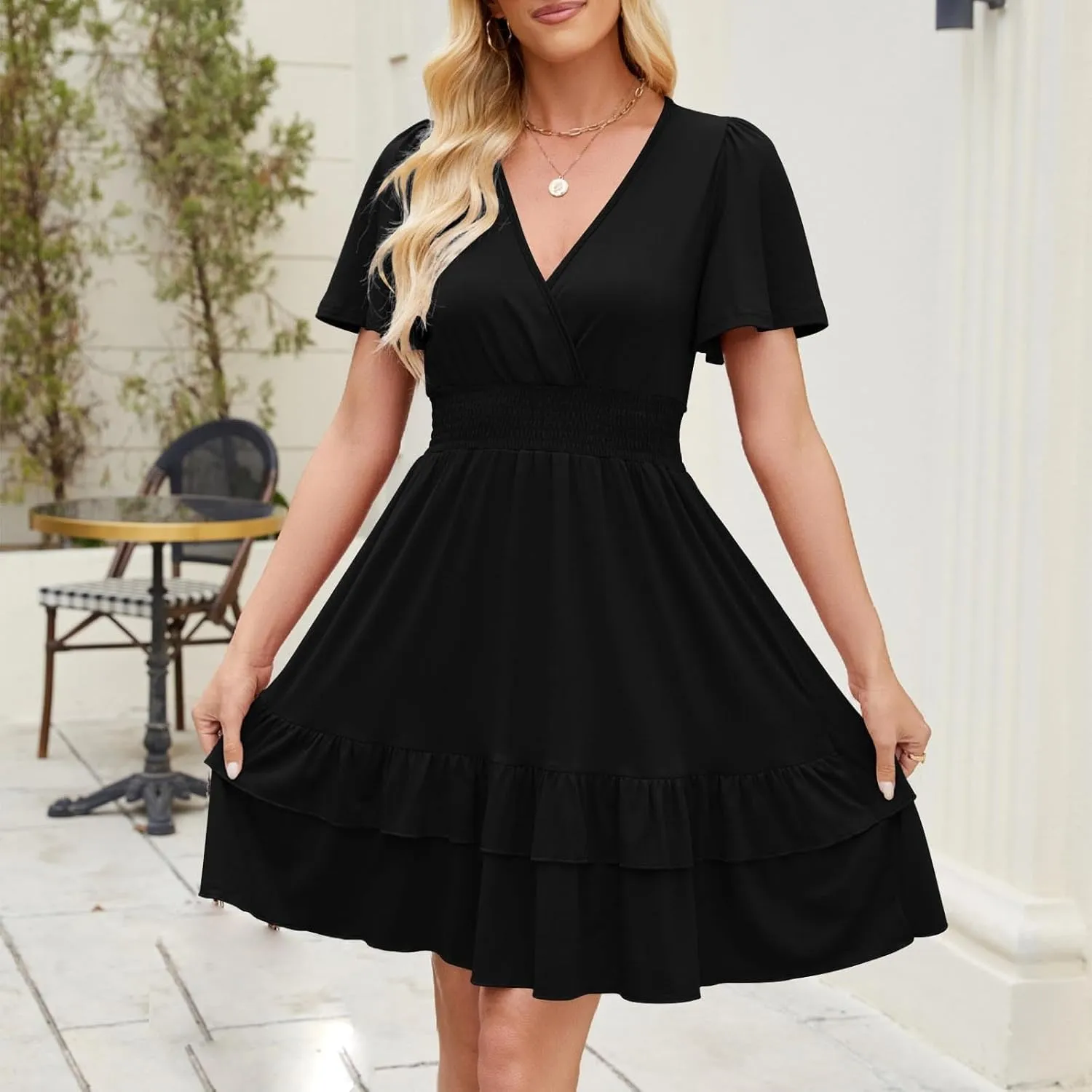 JOAU Women Casual Summer Smocked Empire Waist Dresses Wrap V Neck Short Sleeve A-Line Tiered Ruffle Beach Vacation Mini Dress