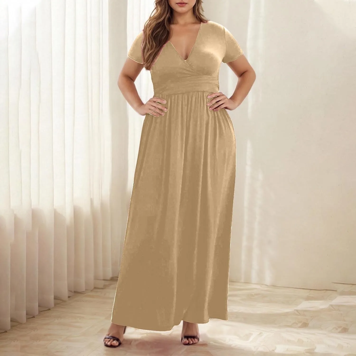 JOAU Women's Plus Size Summer Short Sleeve Maxi Dress 2025 Casual Wrap V Neck A Line Flowy Beach Long Dresses with Pockets