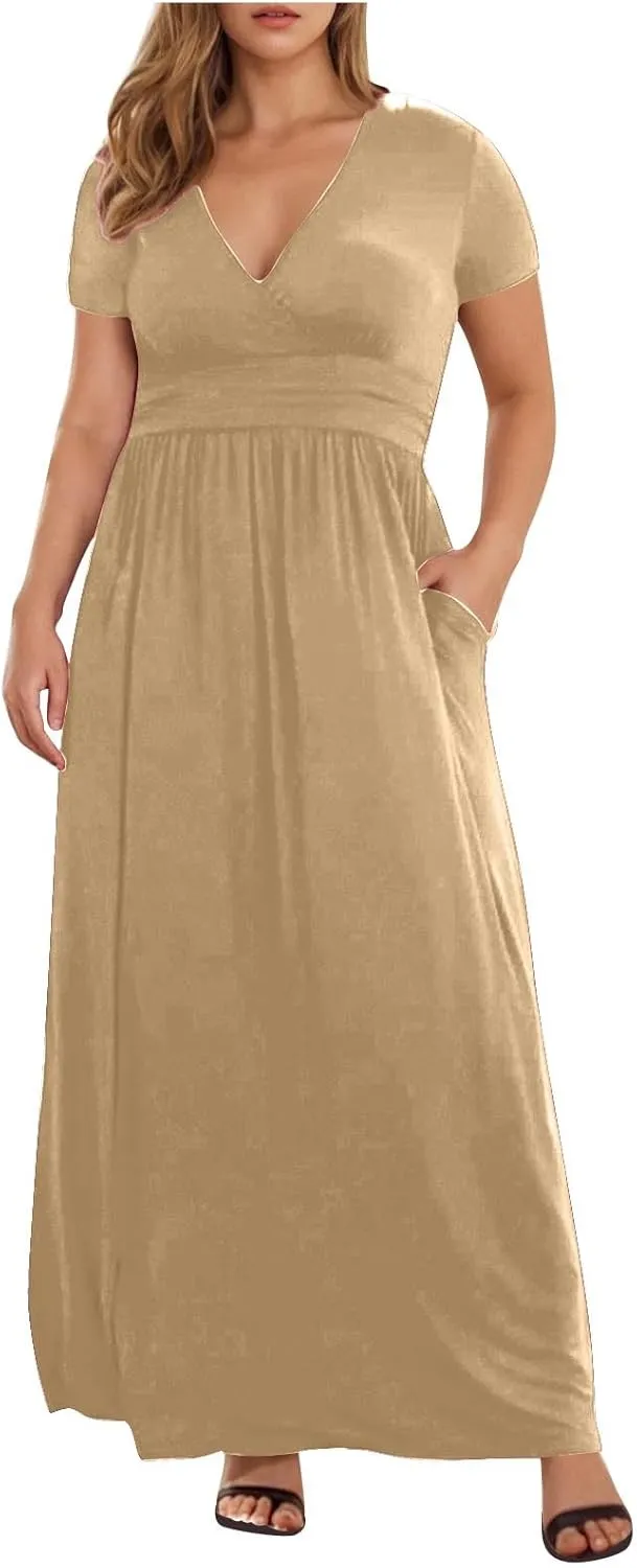 JOAU Women's Plus Size Summer Short Sleeve Maxi Dress 2025 Casual Wrap V Neck A Line Flowy Beach Long Dresses with Pockets