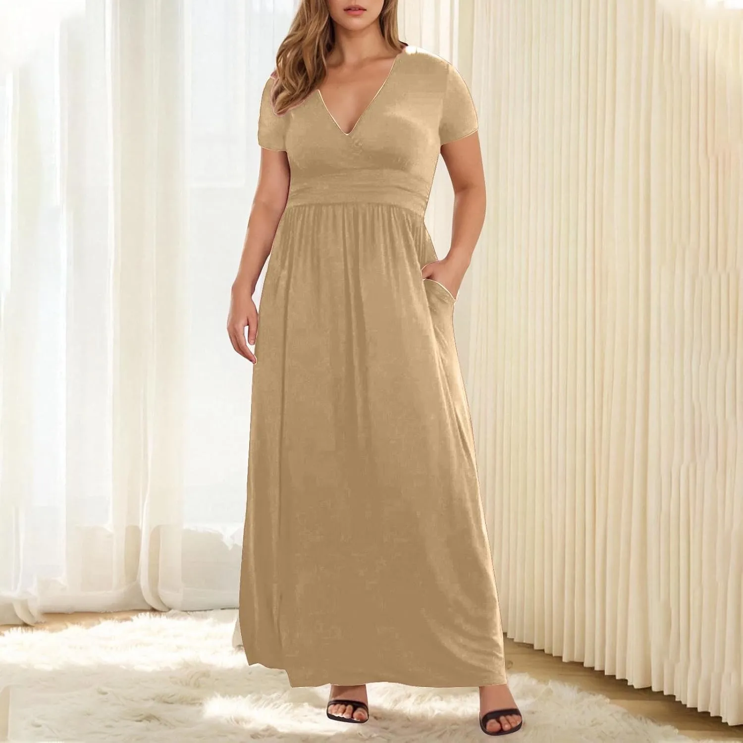 JOAU Women's Plus Size Summer Short Sleeve Maxi Dress 2025 Casual Wrap V Neck A Line Flowy Beach Long Dresses with Pockets