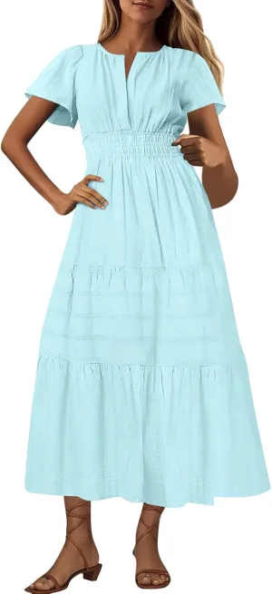 JOAU Womens Summer Dresses 2025 Casual Short Sleeve Notched V Neck Boho Tiered Ruffle A-Line Beach Maxi Dress with Pockets