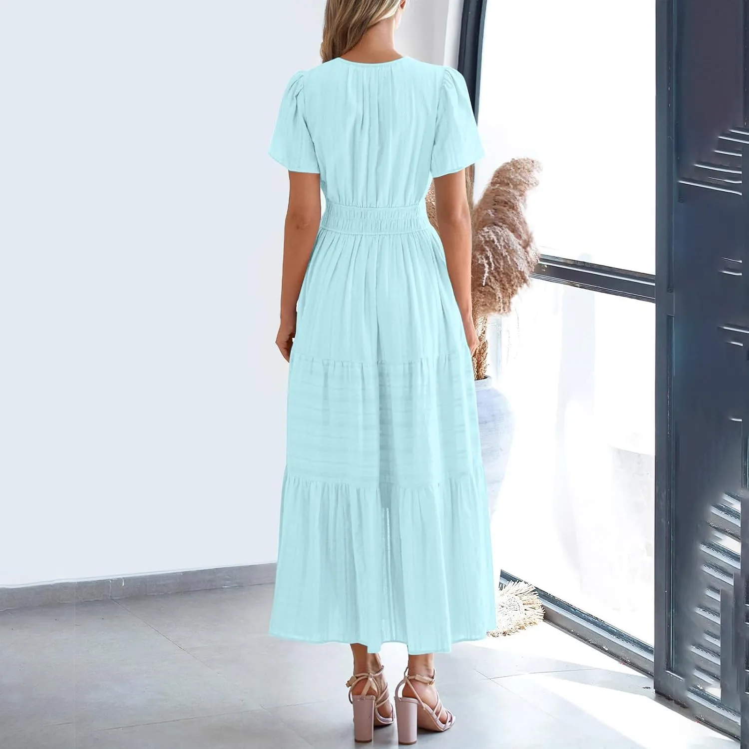 JOAU Womens Summer Dresses 2025 Casual Short Sleeve Notched V Neck Boho Tiered Ruffle A-Line Beach Maxi Dress with Pockets