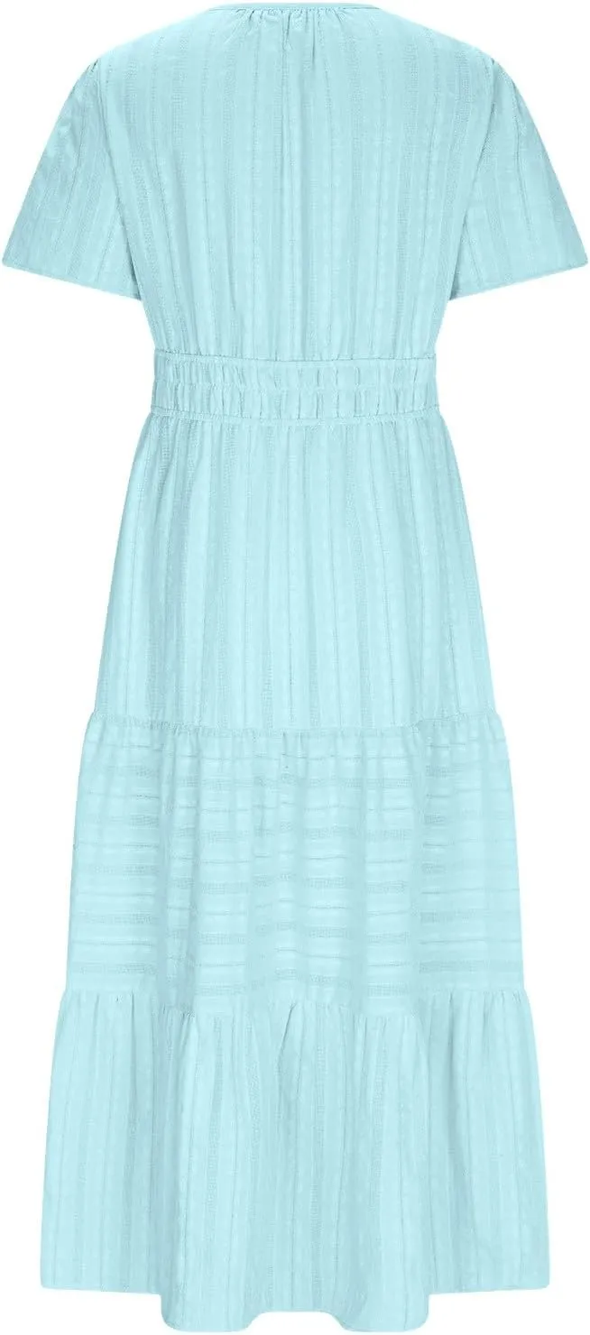 JOAU Womens Summer Dresses 2025 Casual Short Sleeve Notched V Neck Boho Tiered Ruffle A-Line Beach Maxi Dress with Pockets