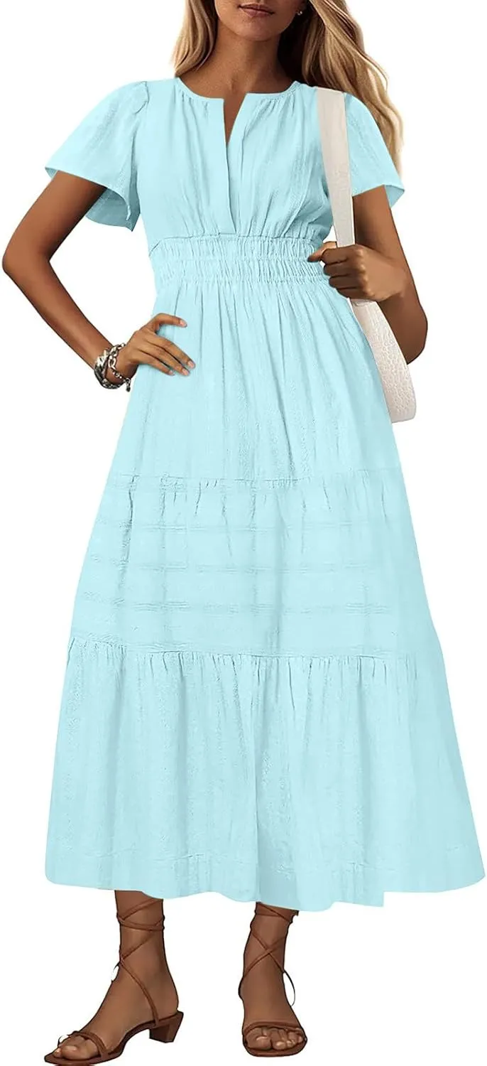 JOAU Womens Summer Dresses 2025 Casual Short Sleeve Notched V Neck Boho Tiered Ruffle A-Line Beach Maxi Dress with Pockets