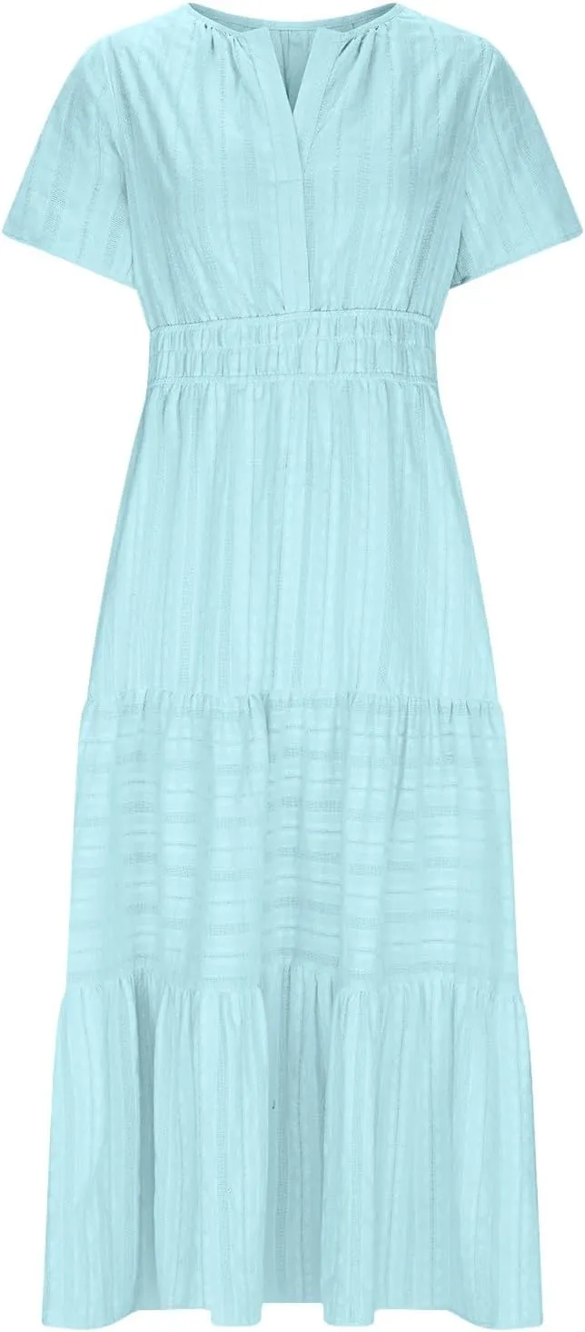 JOAU Womens Summer Dresses 2025 Casual Short Sleeve Notched V Neck Boho Tiered Ruffle A-Line Beach Maxi Dress with Pockets