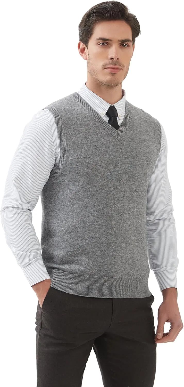 Kallspin Men's Wool Blended Vest Sweater Relaxed Fit V Neck Sleeveless Knitted Pullover