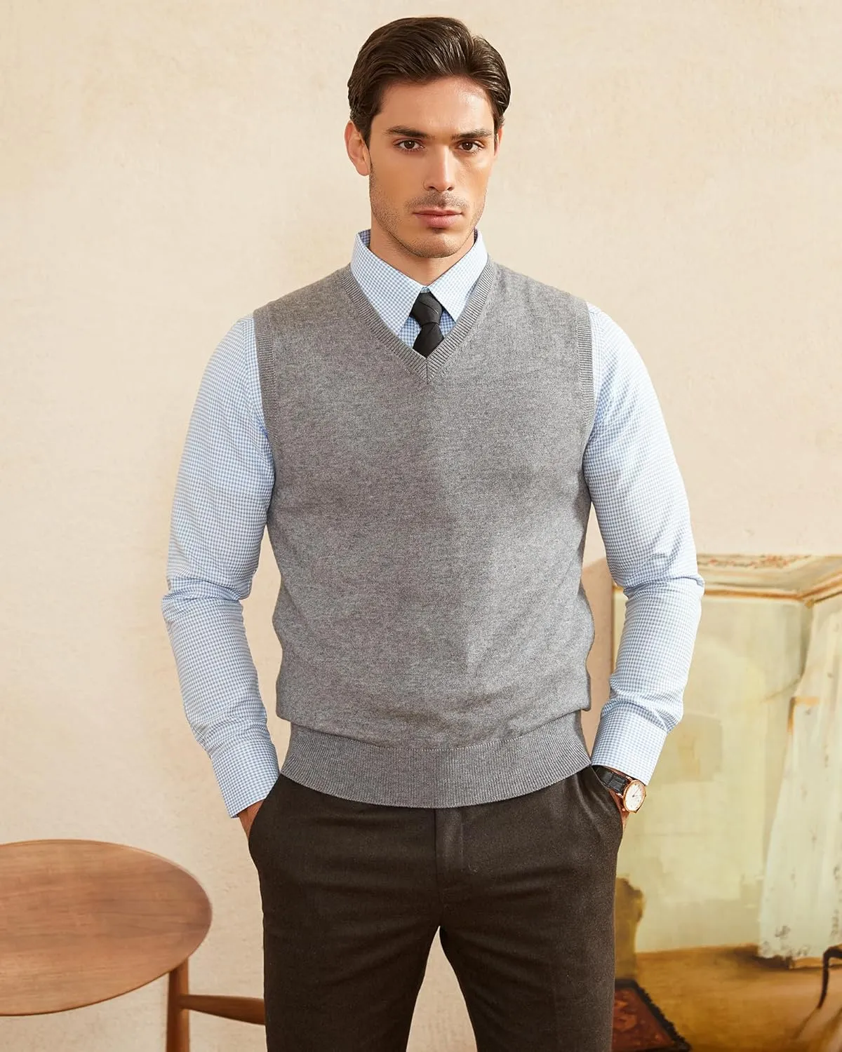 Kallspin Men's Wool Blended Vest Sweater Relaxed Fit V Neck Sleeveless Knitted Pullover