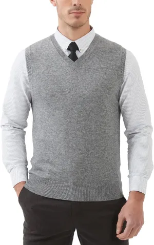 Kallspin Men's Wool Blended Vest Sweater Relaxed Fit V Neck Sleeveless Knitted Pullover