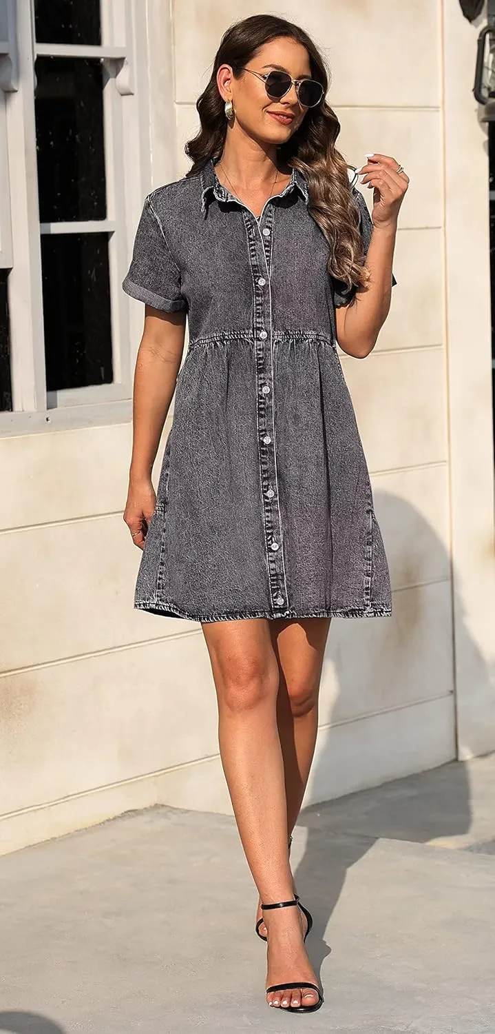KDF Denim Dress for Women with Pockets Short Sleeve Babydoll Denim Shirt Dresses for Women 2025
