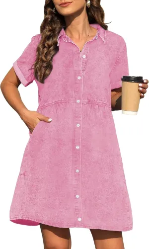 KDF Denim Dress for Women with Pockets Short Sleeve Babydoll Denim Shirt Dresses for Women 2025