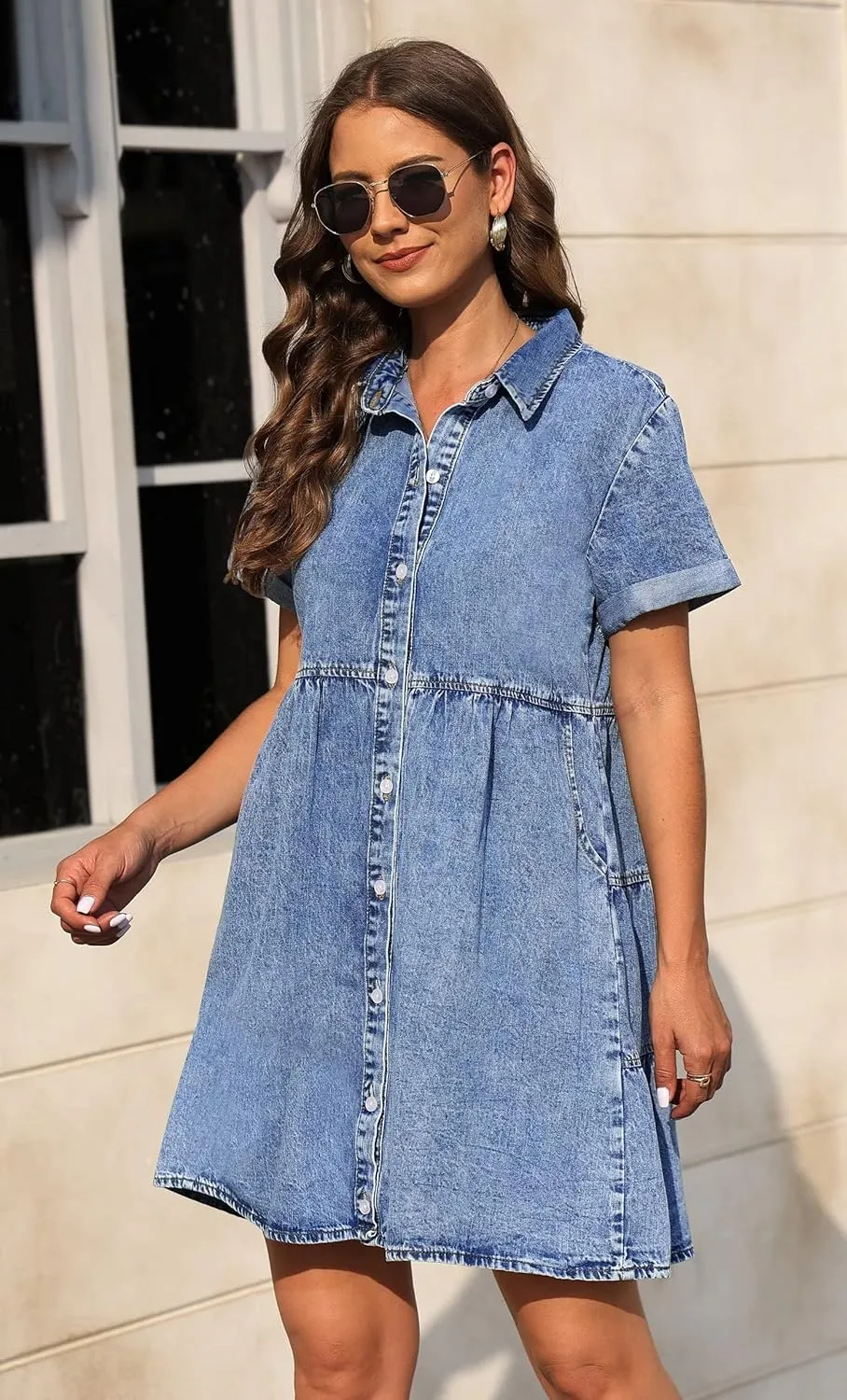KDF Denim Dress for Women with Pockets Short Sleeve Babydoll Denim Shirt Dresses for Women 2025