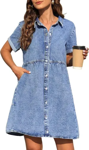 KDF Denim Dress for Women with Pockets Short Sleeve Babydoll Denim Shirt Dresses for Women 2025