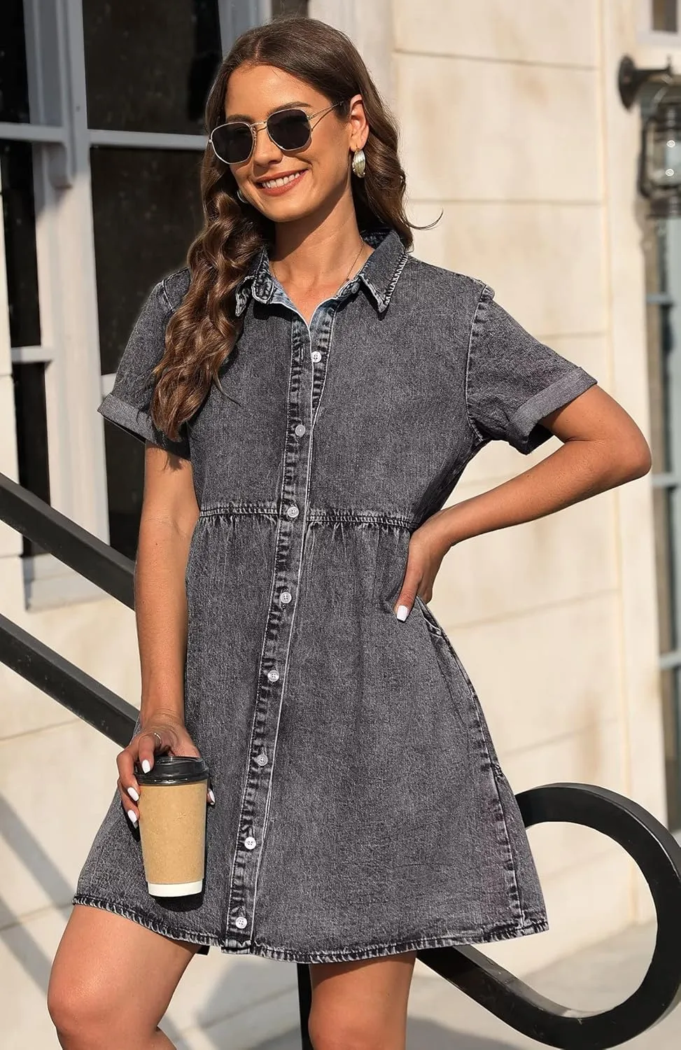 KDF Denim Dress for Women with Pockets Short Sleeve Babydoll Denim Shirt Dresses for Women 2025