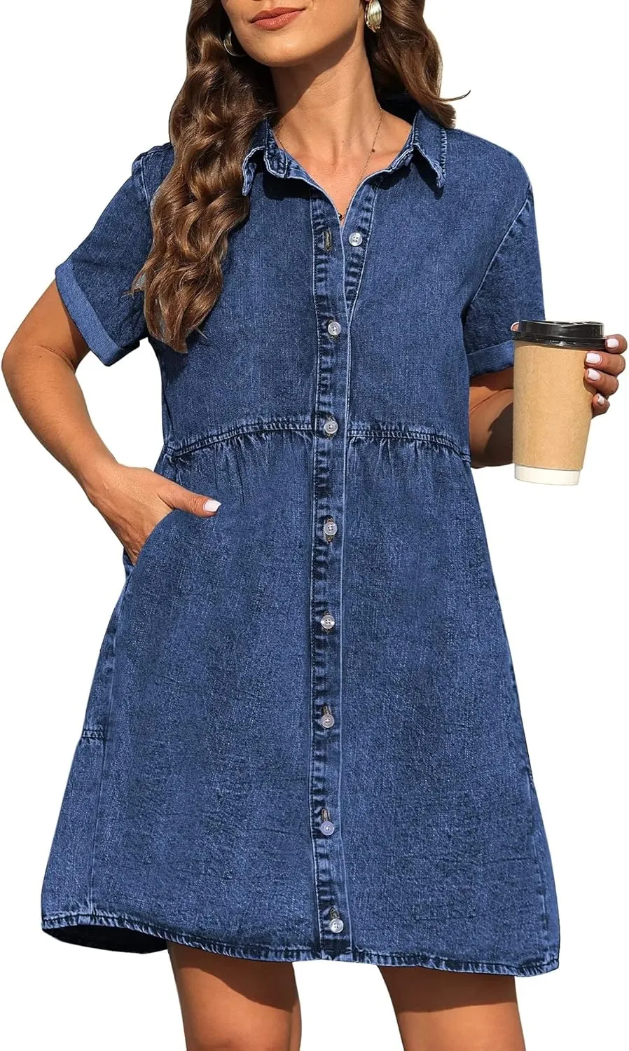 KDF Denim Dress for Women with Pockets Short Sleeve Babydoll Denim Shirt Dresses for Women 2025