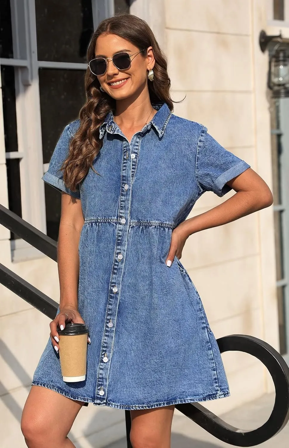 KDF Denim Dress for Women with Pockets Short Sleeve Babydoll Denim Shirt Dresses for Women 2025