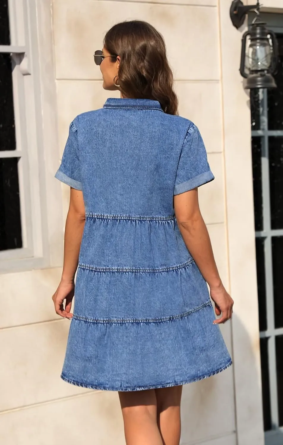 KDF Denim Dress for Women with Pockets Short Sleeve Babydoll Denim Shirt Dresses for Women 2025