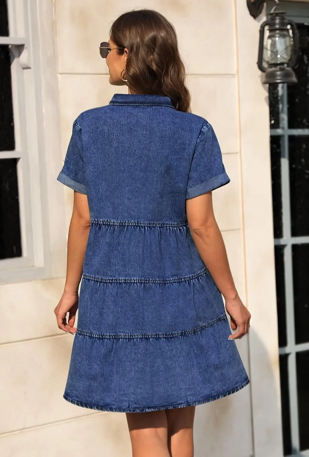 KDF Denim Dress for Women with Pockets Short Sleeve Babydoll Denim Shirt Dresses for Women 2025