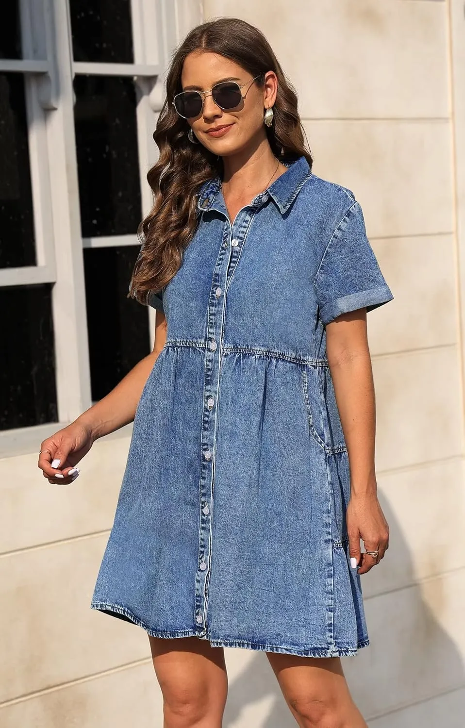 KDF Denim Dress for Women with Pockets Short Sleeve Babydoll Denim Shirt Dresses for Women 2025