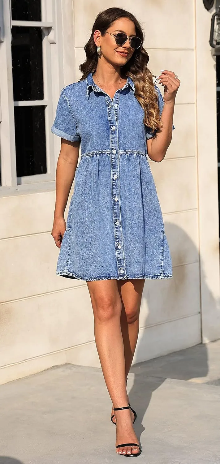 KDF Denim Dress for Women with Pockets Short Sleeve Babydoll Denim Shirt Dresses for Women 2025