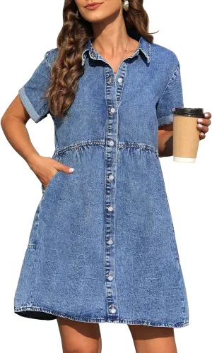 KDF Denim Dress for Women with Pockets Short Sleeve Babydoll Denim Shirt Dresses for Women 2025