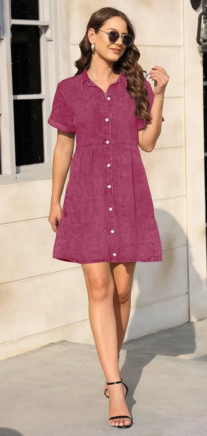 KDF Denim Dress for Women with Pockets Short Sleeve Babydoll Denim Shirt Dresses for Women 2025