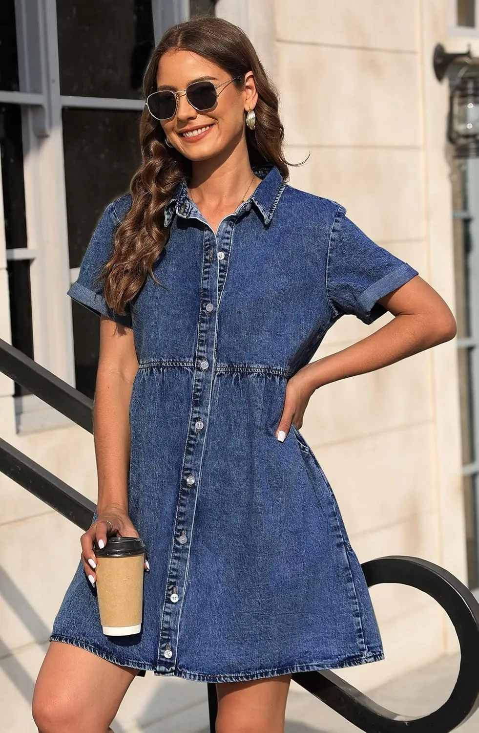 KDF Denim Dress for Women with Pockets Short Sleeve Babydoll Denim Shirt Dresses for Women 2025