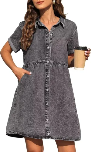 KDF Denim Dress for Women with Pockets Short Sleeve Babydoll Denim Shirt Dresses for Women 2025