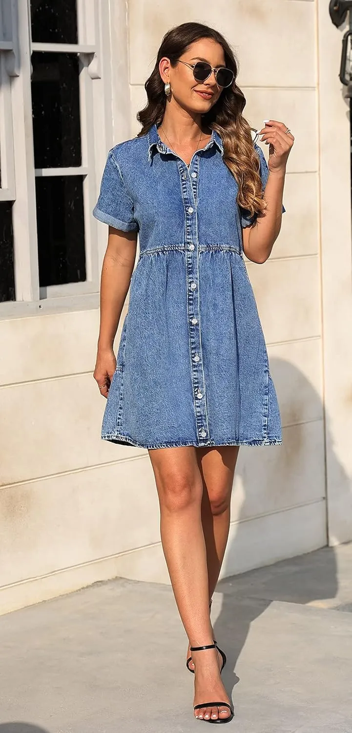 KDF Denim Dress for Women with Pockets Short Sleeve Babydoll Denim Shirt Dresses for Women 2025