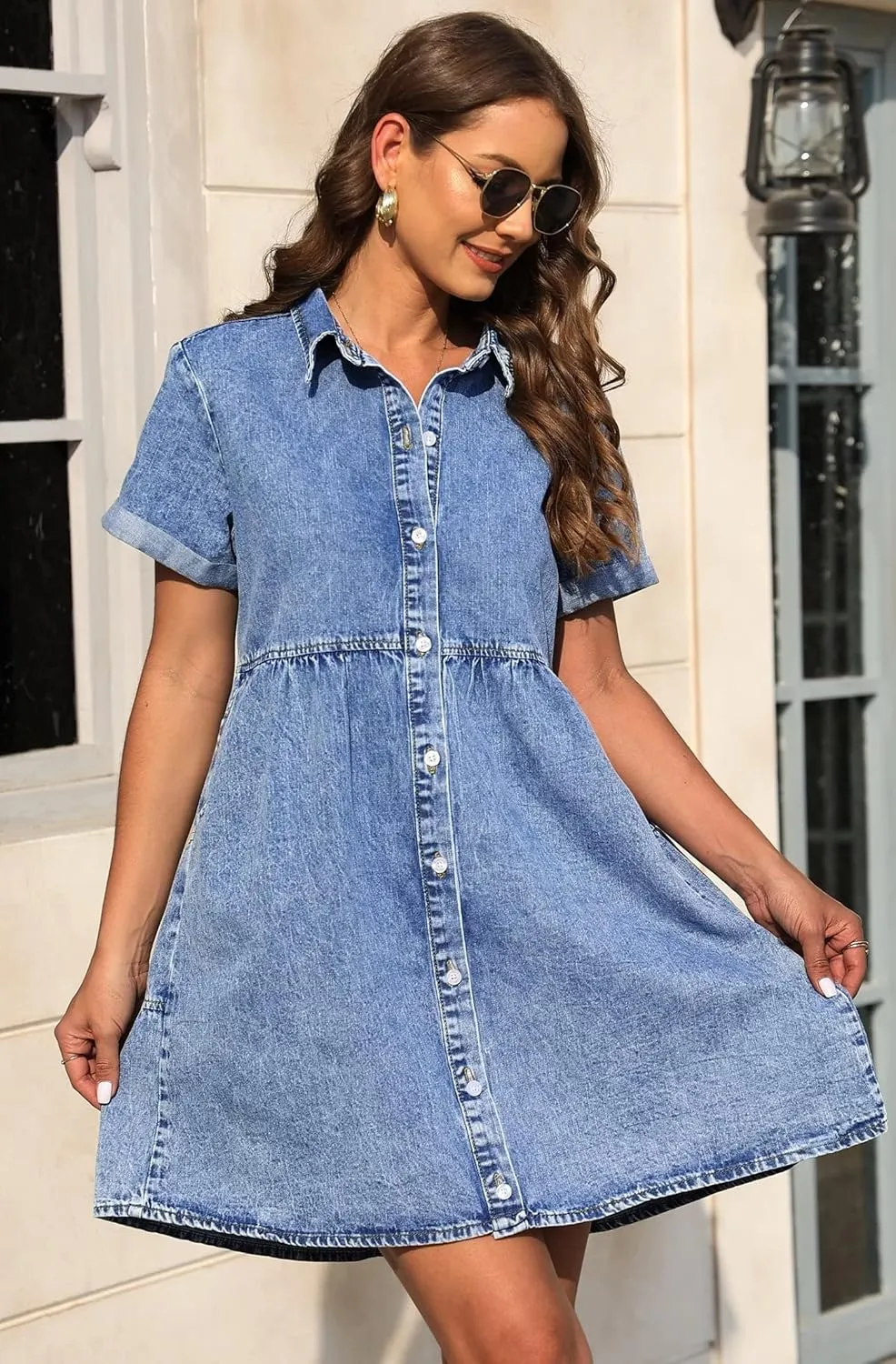 KDF Denim Dress for Women with Pockets Short Sleeve Babydoll Denim Shirt Dresses for Women 2025