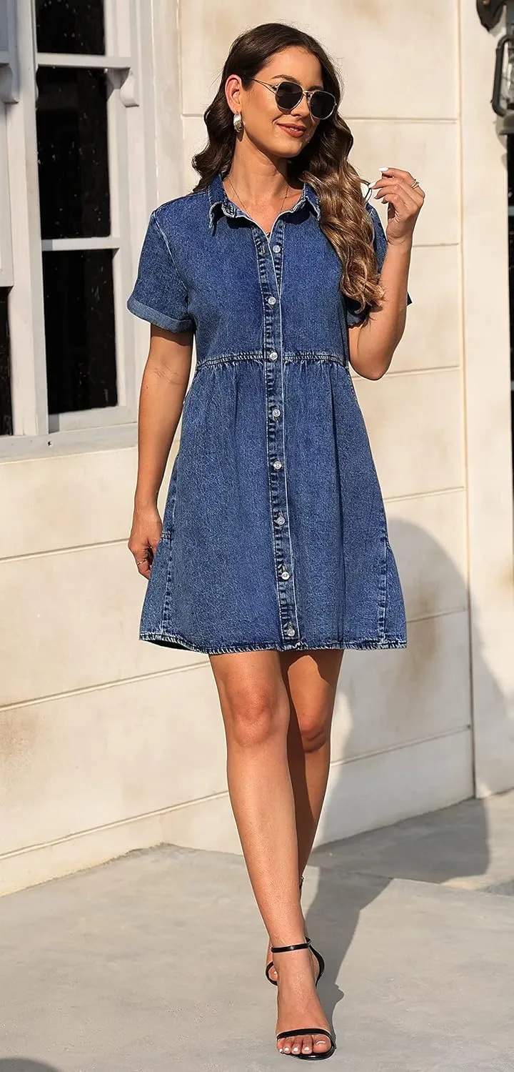 KDF Denim Dress for Women with Pockets Short Sleeve Babydoll Denim Shirt Dresses for Women 2025