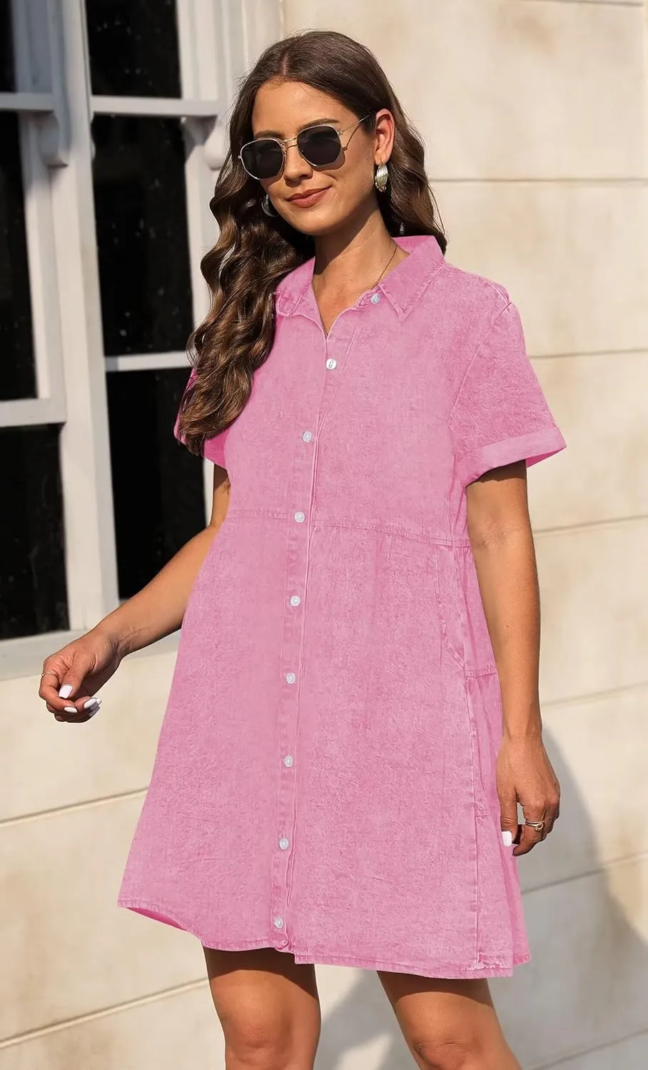 KDF Denim Dress for Women with Pockets Short Sleeve Babydoll Denim Shirt Dresses for Women 2025