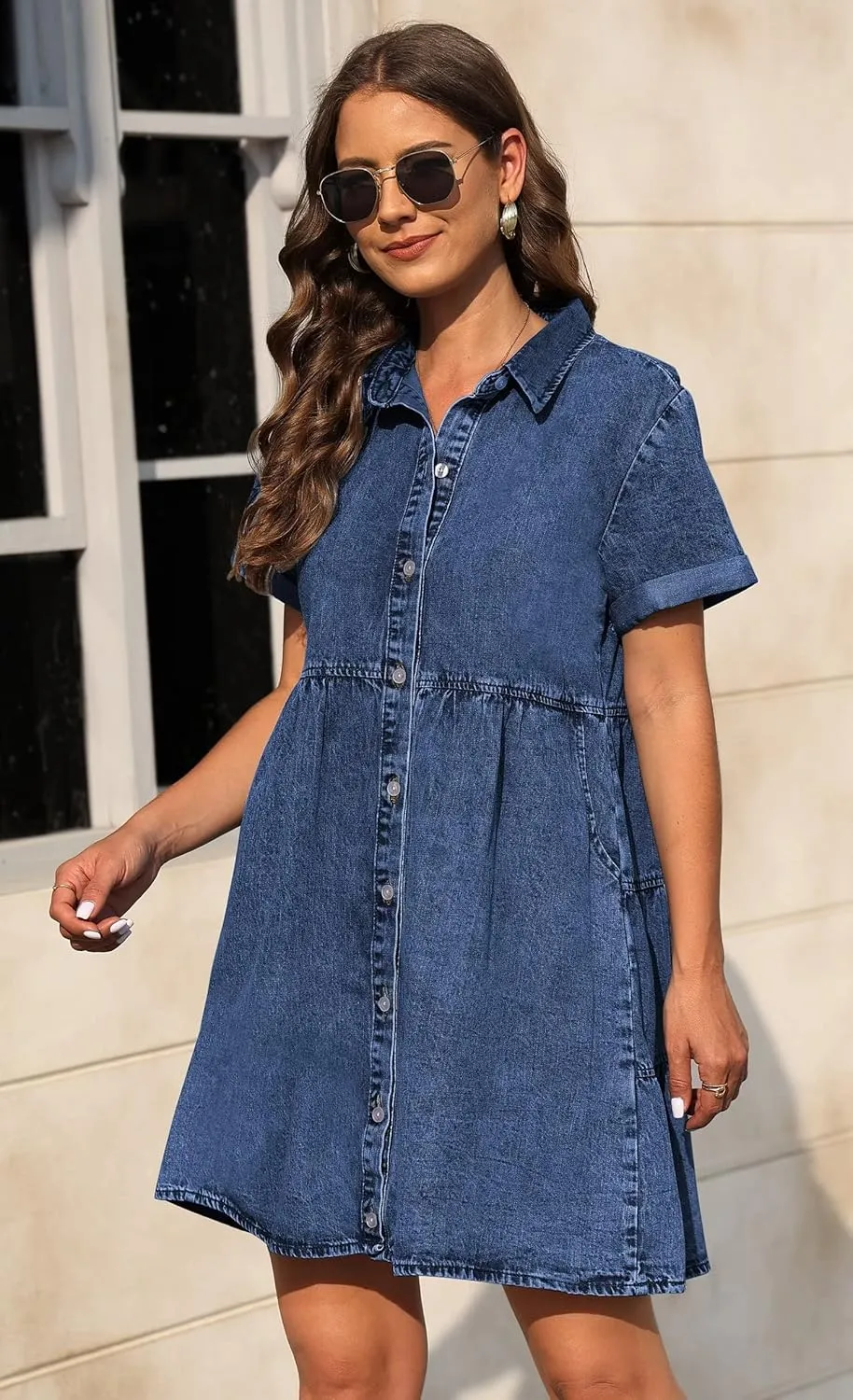 KDF Denim Dress for Women with Pockets Short Sleeve Babydoll Denim Shirt Dresses for Women 2025