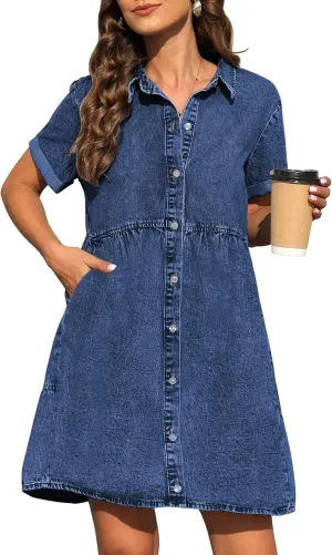 KDF Denim Dress for Women with Pockets Short Sleeve Babydoll Denim Shirt Dresses for Women 2025
