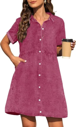 KDF Denim Dress for Women with Pockets Short Sleeve Babydoll Denim Shirt Dresses for Women 2025