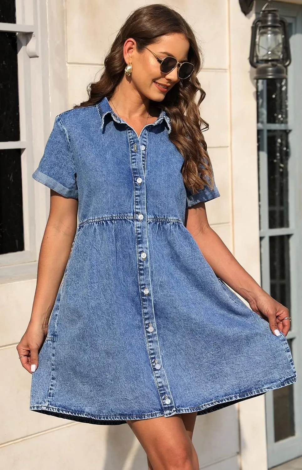 KDF Denim Dress for Women with Pockets Short Sleeve Babydoll Denim Shirt Dresses for Women 2025