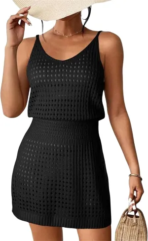 Kubbon Swim Cover Up for Women Crochet Hollow Out Knit Beach Dresses Sleeveless Swimsuits Beach Tank Dresses Coverups