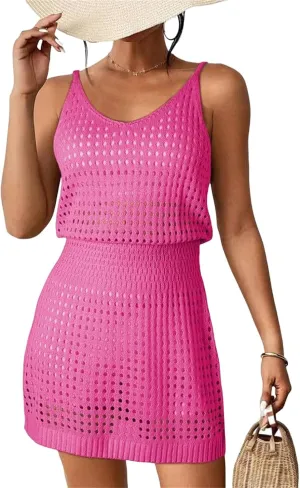 Kubbon Swim Cover Up for Women Crochet Hollow Out Knit Beach Dresses Sleeveless Swimsuits Beach Tank Dresses Coverups