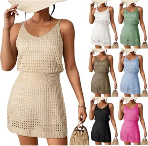 Kubbon Swim Cover Up for Women Crochet Hollow Out Knit Beach Dresses Sleeveless Swimsuits Beach Tank Dresses Coverups