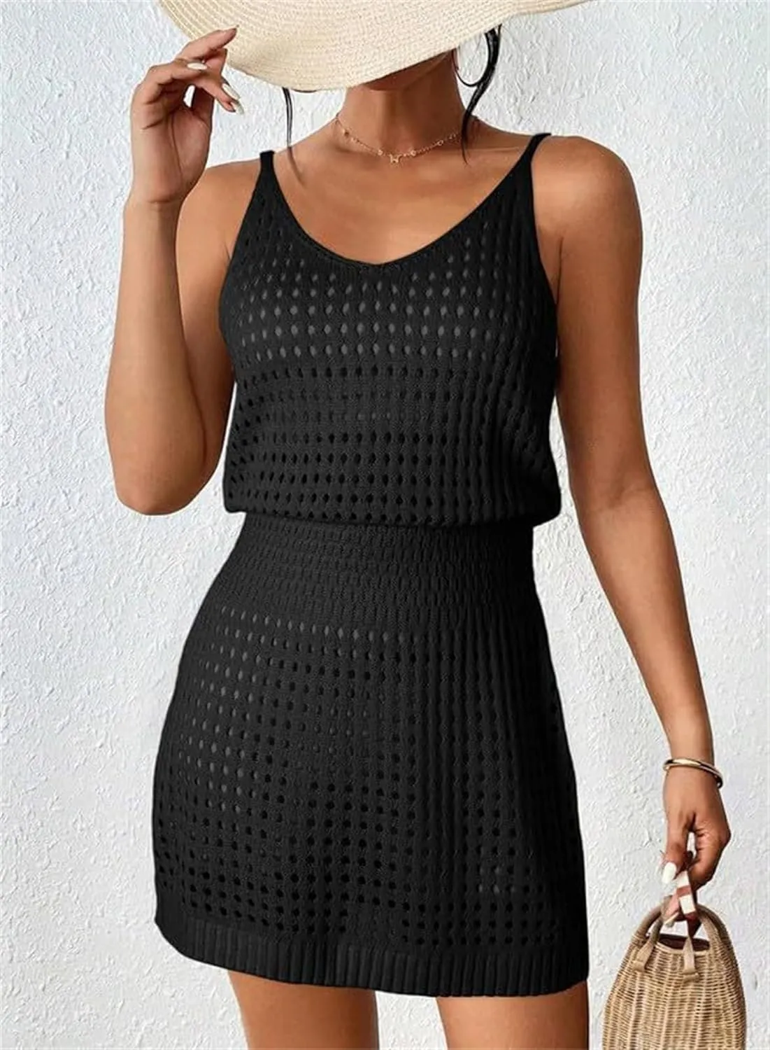 Kubbon Swim Cover Up for Women Crochet Hollow Out Knit Beach Dresses Sleeveless Swimsuits Beach Tank Dresses Coverups
