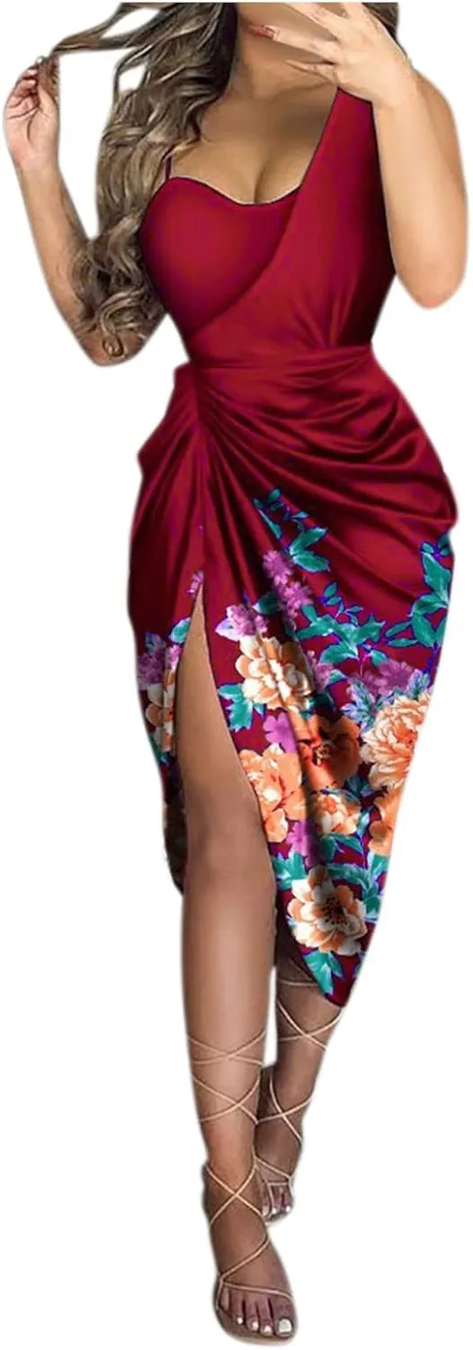 KUIOLYPOER Summer Wedding Guest Dress Women Sexy Sequin Slit Maxi Dresses Smocked Solid Color One Shoulder Cocktail Dress