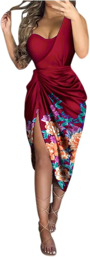 KUIOLYPOER Summer Wedding Guest Dress Women Sexy Sequin Slit Maxi Dresses Smocked Solid Color One Shoulder Cocktail Dress